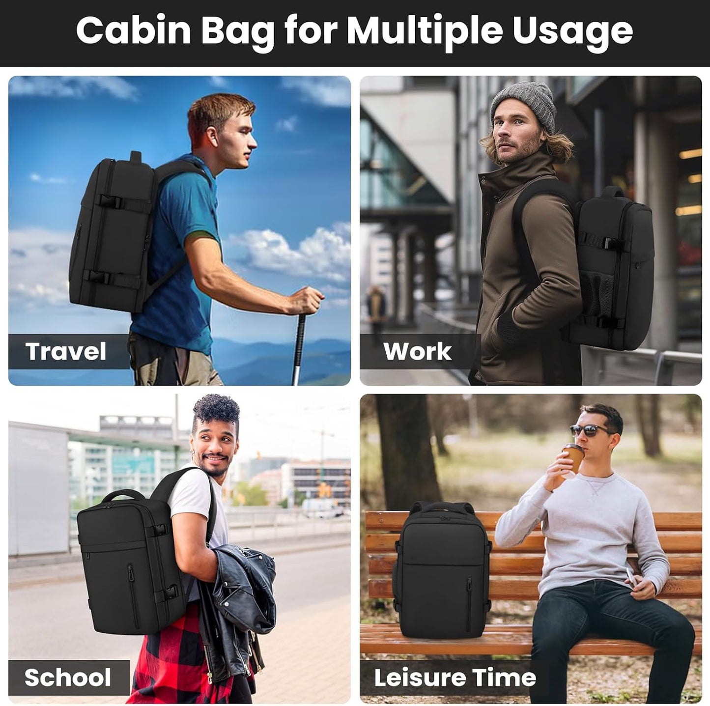 Cabin Bags 40×30×20 for Ryanair Underseat Carry-Ons Travel Backpack Hand Luggage Bag Cabin Size 24L Flight Rucksack Casual Daypack School Office Backpack Fit 14 Inch Laptop-Black