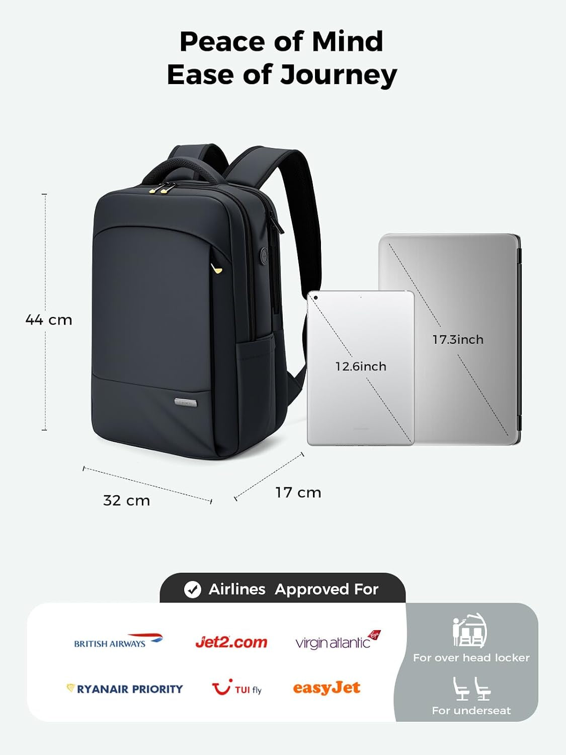 Anti-Theft Laptop Backpack for Men & Women, 17.3 Inch Water Resistant Laptop Rucksack with YKK Zips & Lock for Work, Travel and Business, Black