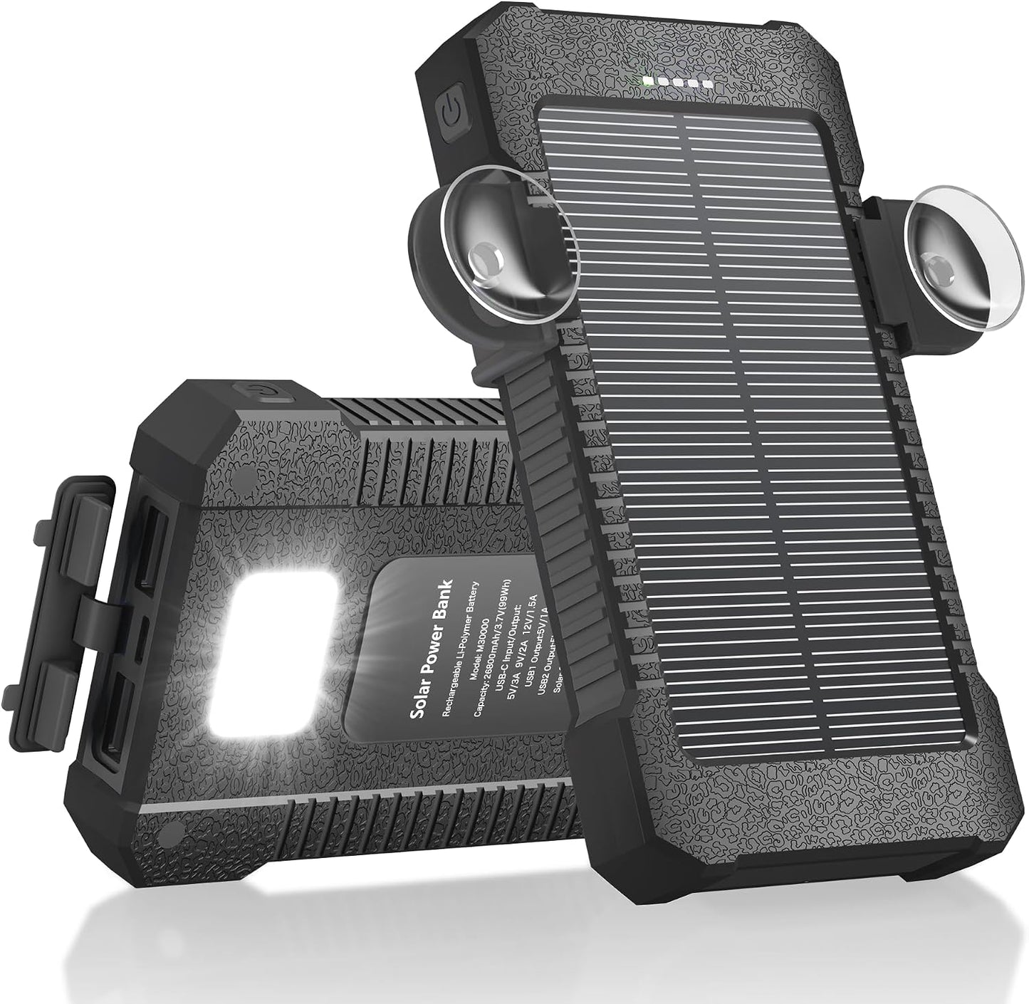 Solar Power Bank 26800Mah with Suction Cup Mount, Power Bank 3 USB Ports with Torch Continuous Light/Sos/Strobe Waterproof Outdoor External Battery for Phones (Black)