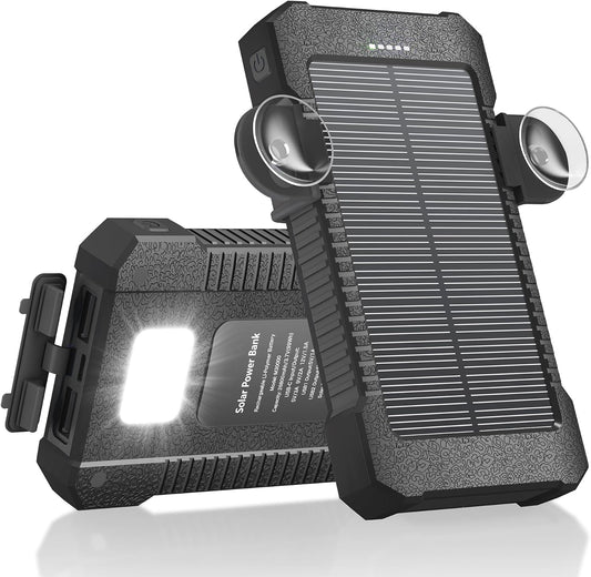 Solar Power Bank 26800Mah with Suction Cup Mount, Power Bank 3 USB Ports with Torch Continuous Light/Sos/Strobe Waterproof Outdoor External Battery for Phones (Black)