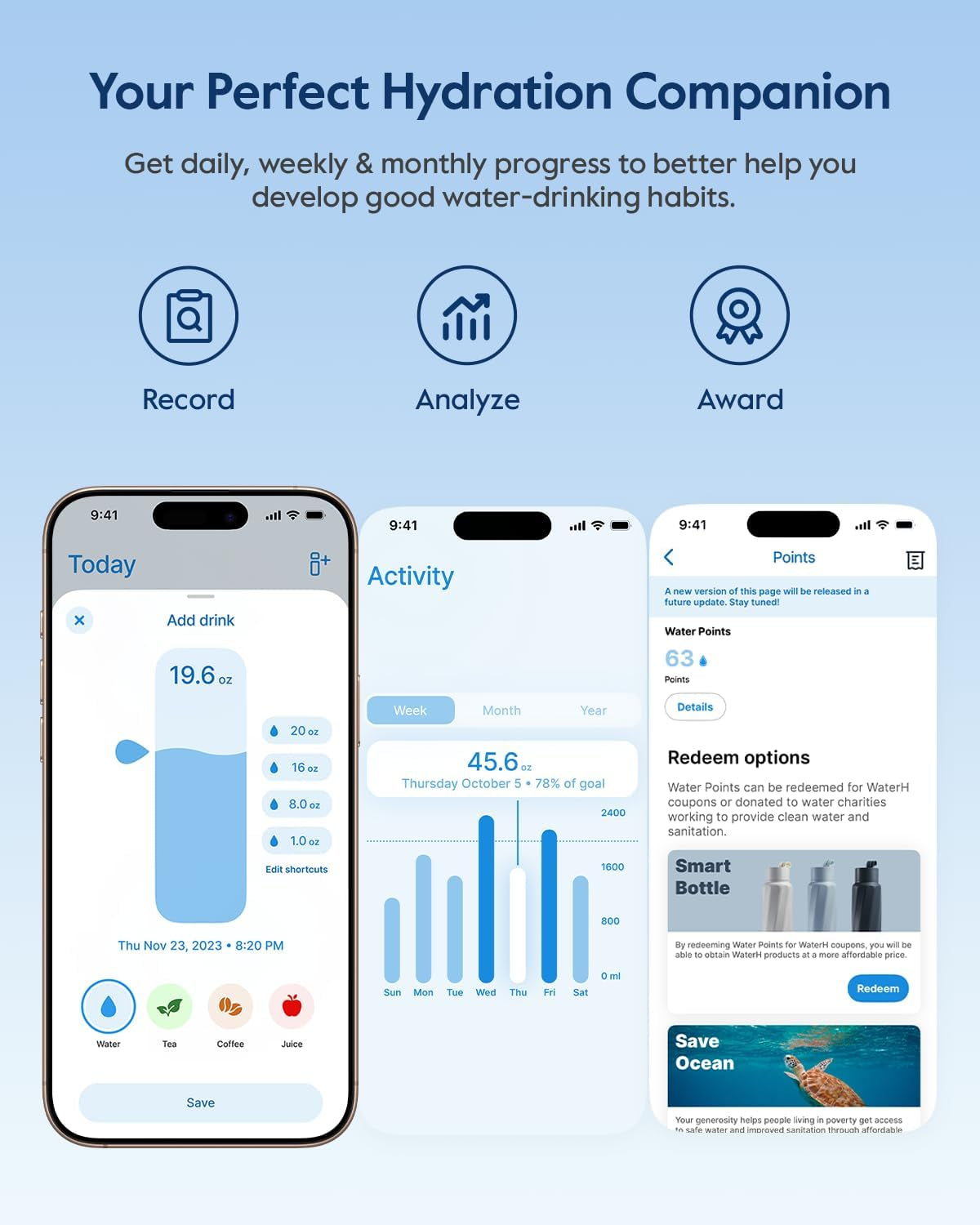 Boost Smart Water Bottle That Reminds You to Drink, Bpa-Free Stainless Steel Vacuum Insulated Bottle, Wide Mouth Water Tracker Bottle with APP, Ideal for Father'S Day, Blue, 710Ml