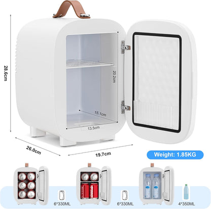 Mini Fridge 4 Litre/ 6 Can, AC+12V DC Power, Portable Cooler & Warmer, Small Fridge for Bedrooms, Car, Skincare, Fruit and Drinks, White