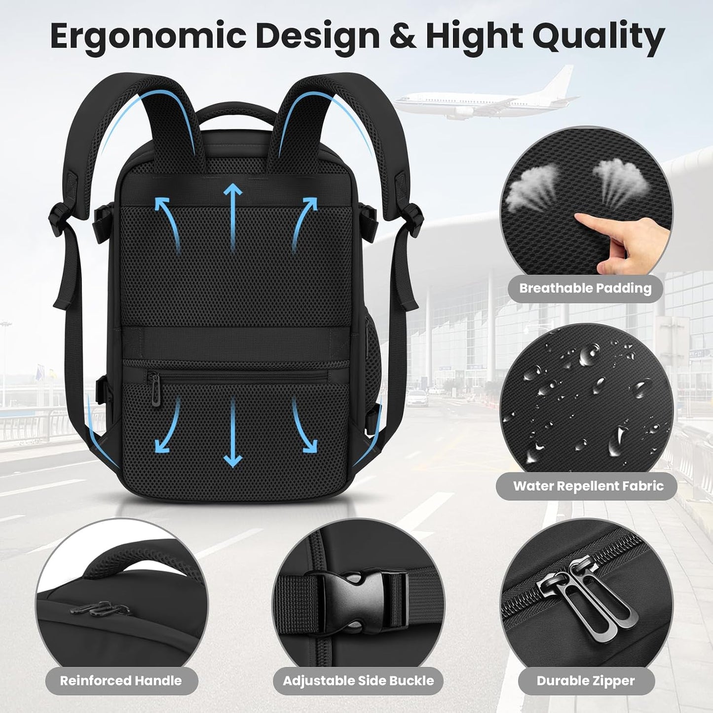 Cabin Bags 40×30×20 for Ryanair Underseat Carry-Ons Travel Backpack Hand Luggage Bag Cabin Size 24L Flight Rucksack Casual Daypack School Office Backpack Fit 14 Inch Laptop-Black