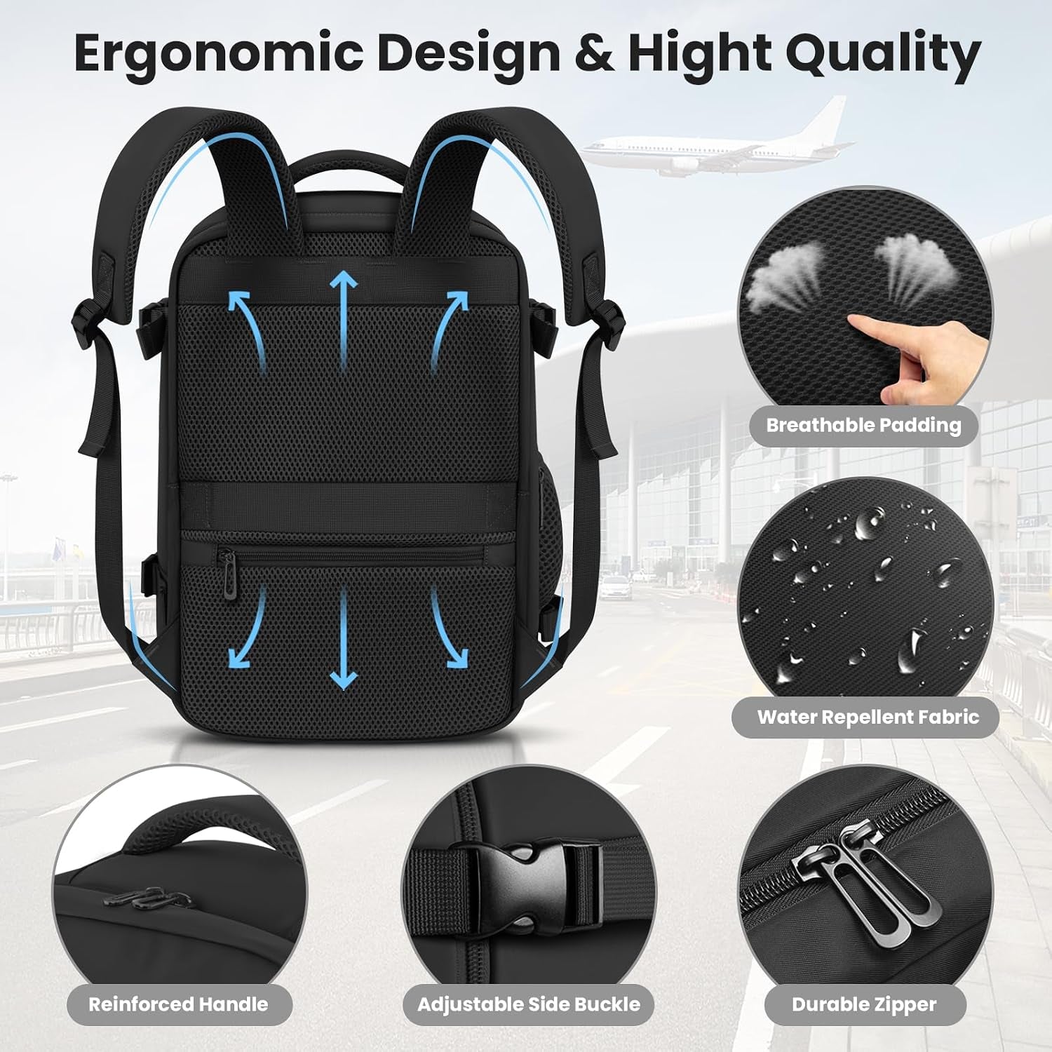 Cabin Bags 40×30×20 for Ryanair Underseat Carry-Ons Travel Backpack Hand Luggage Bag Cabin Size 24L Flight Rucksack Casual Daypack School Office Backpack Fit 14 Inch Laptop-Black