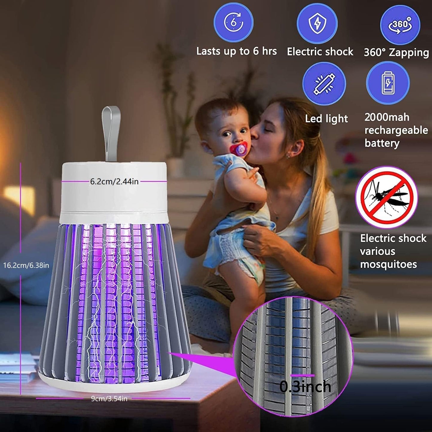 [2025 Upgraded] Electric Mosquito Killer Lamp, Portable Fly Killer Insect Killer Trap, Rechargeable Bug Zapper for Indoors Outdoor Office Patio Camping (Gray)