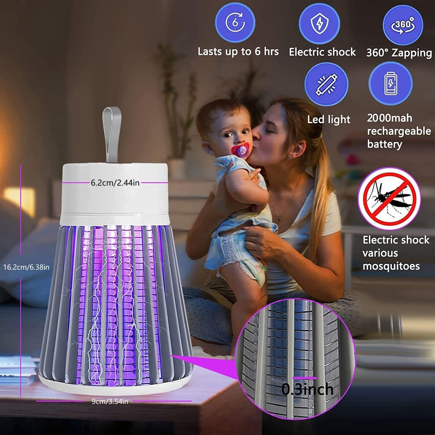 [2025 Upgraded] Electric Mosquito Killer Lamp, Portable Fly Killer Insect Killer Trap, Rechargeable Bug Zapper for Indoors Outdoor Office Patio Camping (Gray)