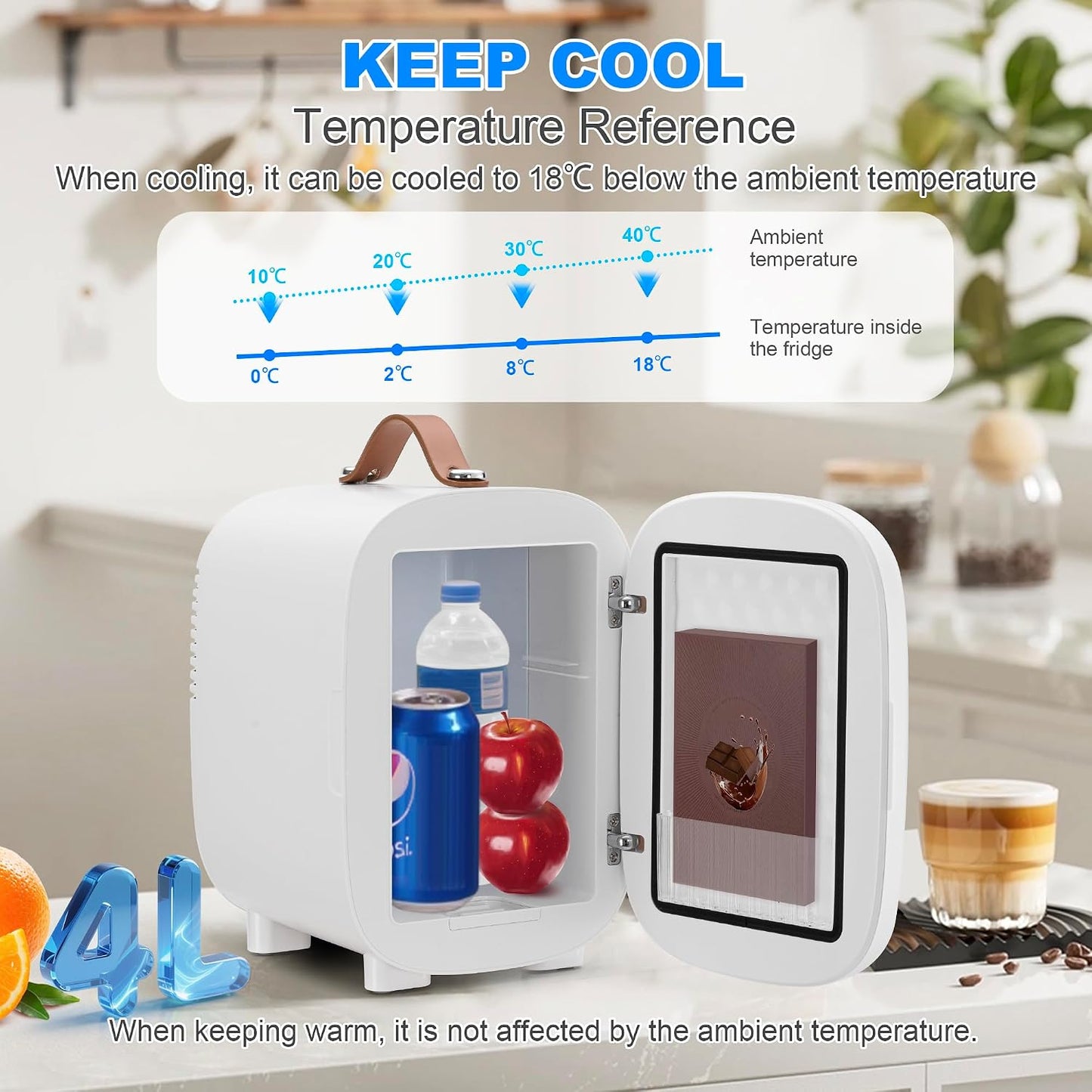 Mini Fridge 4 Litre/ 6 Can, AC+12V DC Power, Portable Cooler & Warmer, Small Fridge for Bedrooms, Car, Skincare, Fruit and Drinks, White