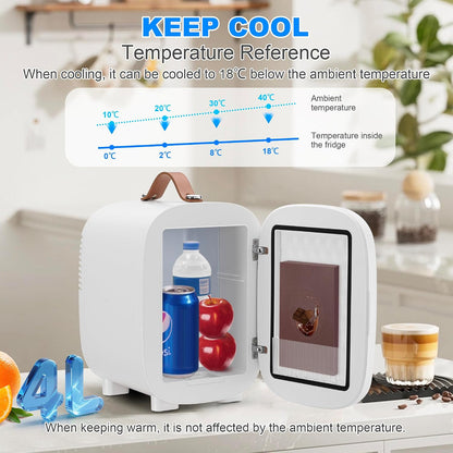 Mini Fridge 4 Litre/ 6 Can, AC+12V DC Power, Portable Cooler & Warmer, Small Fridge for Bedrooms, Car, Skincare, Fruit and Drinks, White