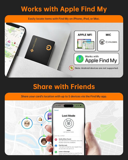Smartcard Wallet Tracker 2-Pack, Air Locator Tags - 1.6Mm Thin, 6-Year Battery, IP68 Waterproof, Apple Find My Compatible (Ios Only), Bluetooth GPS Item Finders for Backpack, Luggage - Black