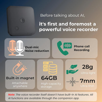 Focase Note AI Voice Recorder, Transcribe & Summarize, Translation, APP Control with Chat GPT, Magnetic, 64GB Memory, Support 112 Languages, Audio Recorder for Phone Calls, Lectures, Meetings, Black