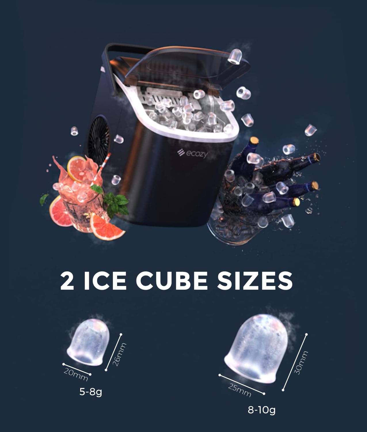Ice Maker Machine Countertop, 9 Ice Cubes in 6 Mins, 12KG in 24Hrs, 2 Sizes of Ice, Self-Cleaning with Ice Bags, Scoop, and Basket for Kitchen, Office, Bar, Party