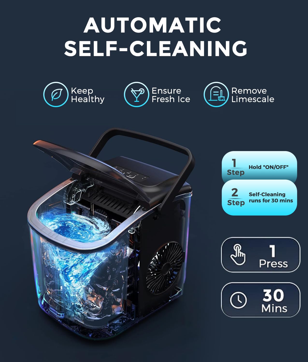 Ice Maker Machine Countertop, 9 Ice Cubes in 6 Mins, 12KG in 24Hrs, 2 Sizes of Ice, Self-Cleaning with Ice Bags, Scoop, and Basket for Kitchen, Office, Bar, Party
