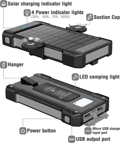 Solar Power Bank 26800Mah with Suction Cup Mount, Power Bank 3 USB Ports with Torch Continuous Light/Sos/Strobe Waterproof Outdoor External Battery for Phones (Black)