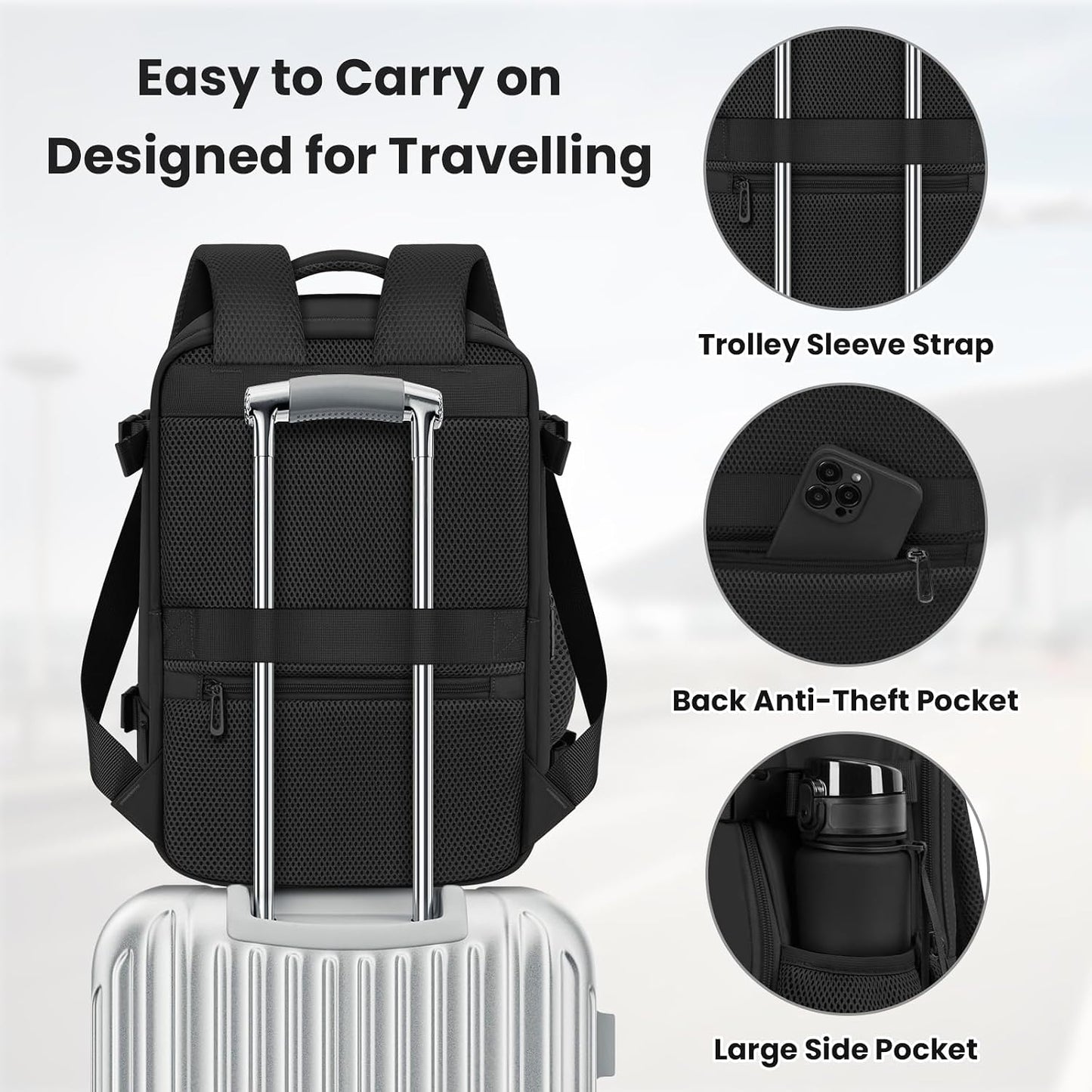 Cabin Bags 40×30×20 for Ryanair Underseat Carry-Ons Travel Backpack Hand Luggage Bag Cabin Size 24L Flight Rucksack Casual Daypack School Office Backpack Fit 14 Inch Laptop-Black
