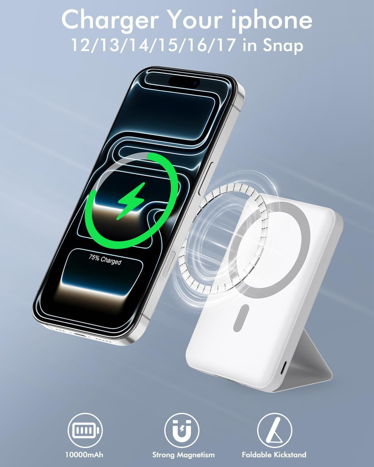 for Magsafe Power Bank, 10000Mah Magnetic Power Bank, PD 22.5W Fast Charging Battery Pack, Foldable Wireless Power Bank with LED Display for Iphone 17/16/15/14/13/12 All Series - White