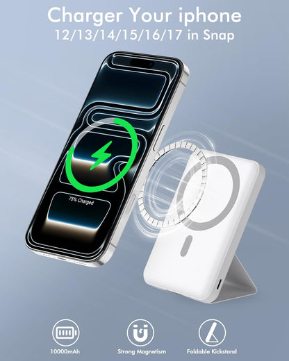 for Magsafe Power Bank, 10000Mah Magnetic Power Bank, PD 22.5W Fast Charging Battery Pack, Foldable Wireless Power Bank with LED Display for Iphone 17/16/15/14/13/12 All Series - White