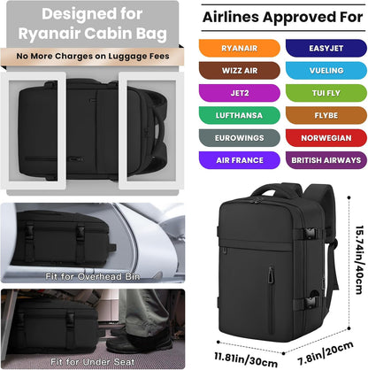 Cabin Bags 40×30×20 for Ryanair Underseat Carry-Ons Travel Backpack Hand Luggage Bag Cabin Size 24L Flight Rucksack Casual Daypack School Office Backpack Fit 14 Inch Laptop-Black