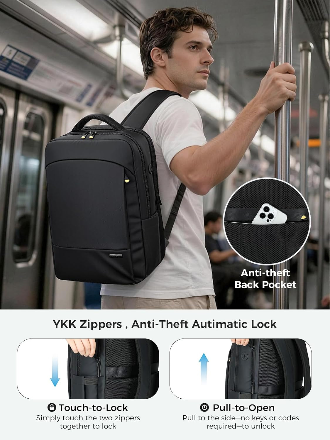 Anti-Theft Laptop Backpack for Men & Women, 17.3 Inch Water Resistant Laptop Rucksack with YKK Zips & Lock for Work, Travel and Business, Black