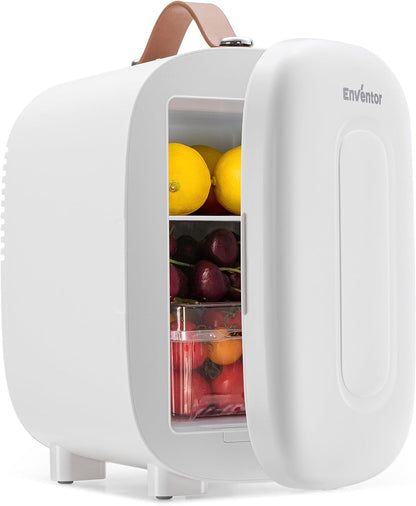 Mini Fridge 4 Litre/ 6 Can, AC+12V DC Power, Portable Cooler & Warmer, Small Fridge for Bedrooms, Car, Skincare, Fruit and Drinks, White