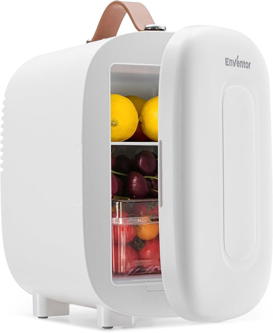 Mini Fridge 4 Litre/ 6 Can, AC+12V DC Power, Portable Cooler & Warmer, Small Fridge for Bedrooms, Car, Skincare, Fruit and Drinks, White