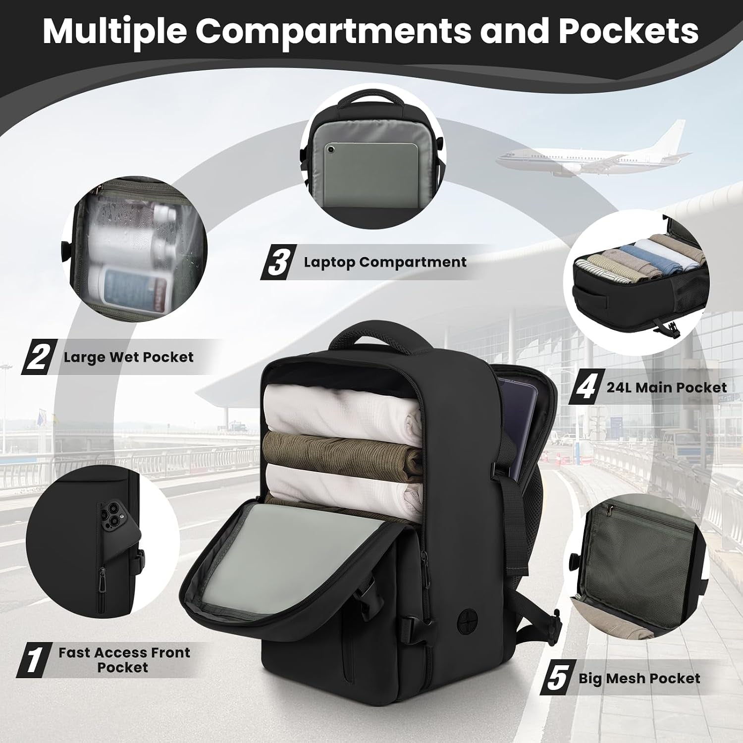 Cabin Bags 40×30×20 for Ryanair Underseat Carry-Ons Travel Backpack Hand Luggage Bag Cabin Size 24L Flight Rucksack Casual Daypack School Office Backpack Fit 14 Inch Laptop-Black