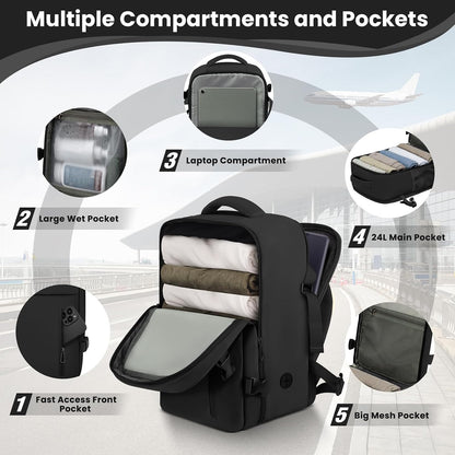 Cabin Bags 40×30×20 for Ryanair Underseat Carry-Ons Travel Backpack Hand Luggage Bag Cabin Size 24L Flight Rucksack Casual Daypack School Office Backpack Fit 14 Inch Laptop-Black