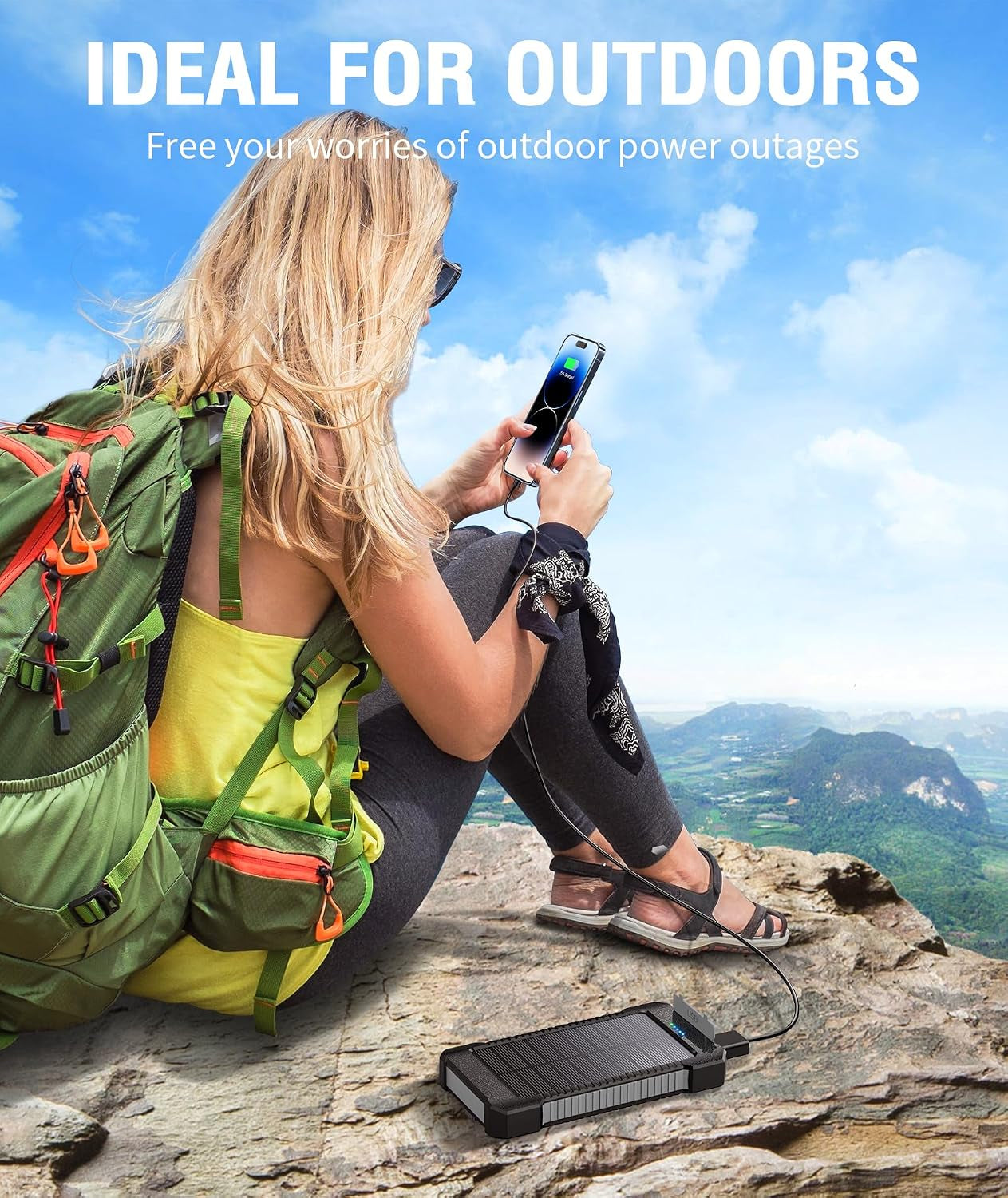 Solar Power Bank 26800Mah with Suction Cup Mount, Power Bank 3 USB Ports with Torch Continuous Light/Sos/Strobe Waterproof Outdoor External Battery for Phones (Black)