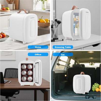 Mini Fridge 4 Litre/ 6 Can, AC+12V DC Power, Portable Cooler & Warmer, Small Fridge for Bedrooms, Car, Skincare, Fruit and Drinks, White