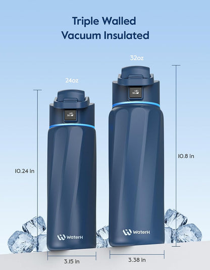 Boost Smart Water Bottle That Reminds You to Drink, Bpa-Free Stainless Steel Vacuum Insulated Bottle, Wide Mouth Water Tracker Bottle with APP, Ideal for Father'S Day, Blue, 710Ml