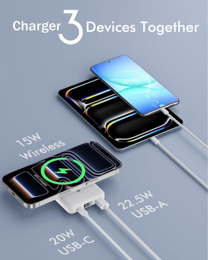 for Magsafe Power Bank, 10000Mah Magnetic Power Bank, PD 22.5W Fast Charging Battery Pack, Foldable Wireless Power Bank with LED Display for Iphone 17/16/15/14/13/12 All Series - White
