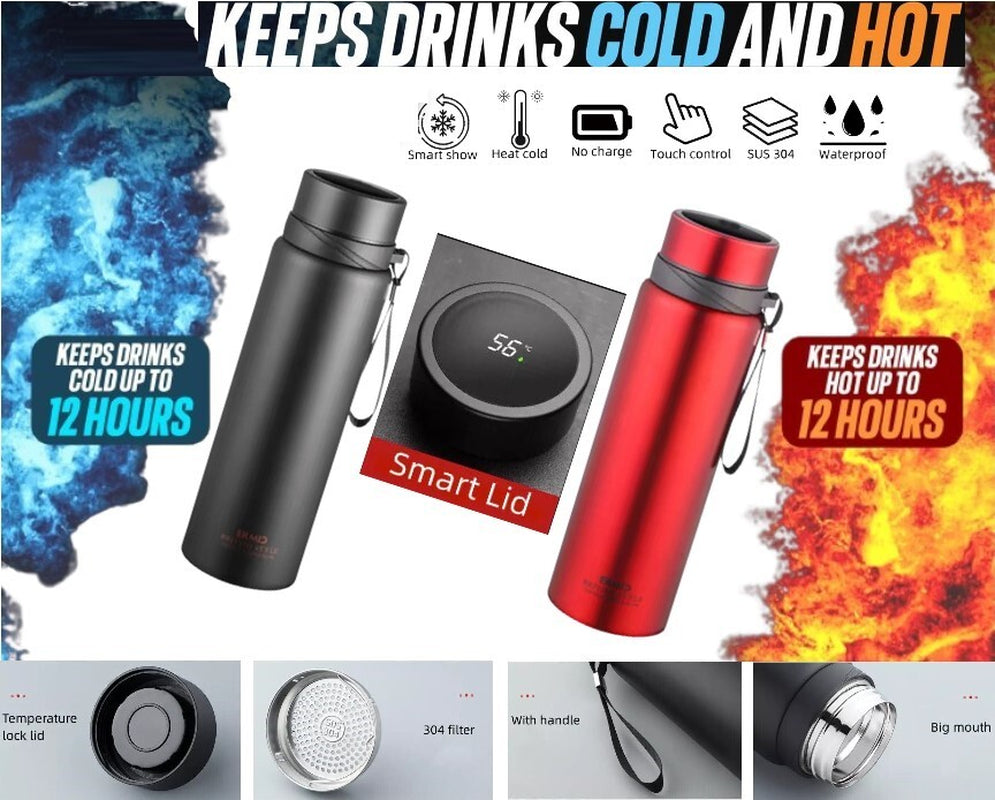 1L LED Tumbler Smart Water Bottle Vacuum Insulated Flask Stainless Steel Thermos
