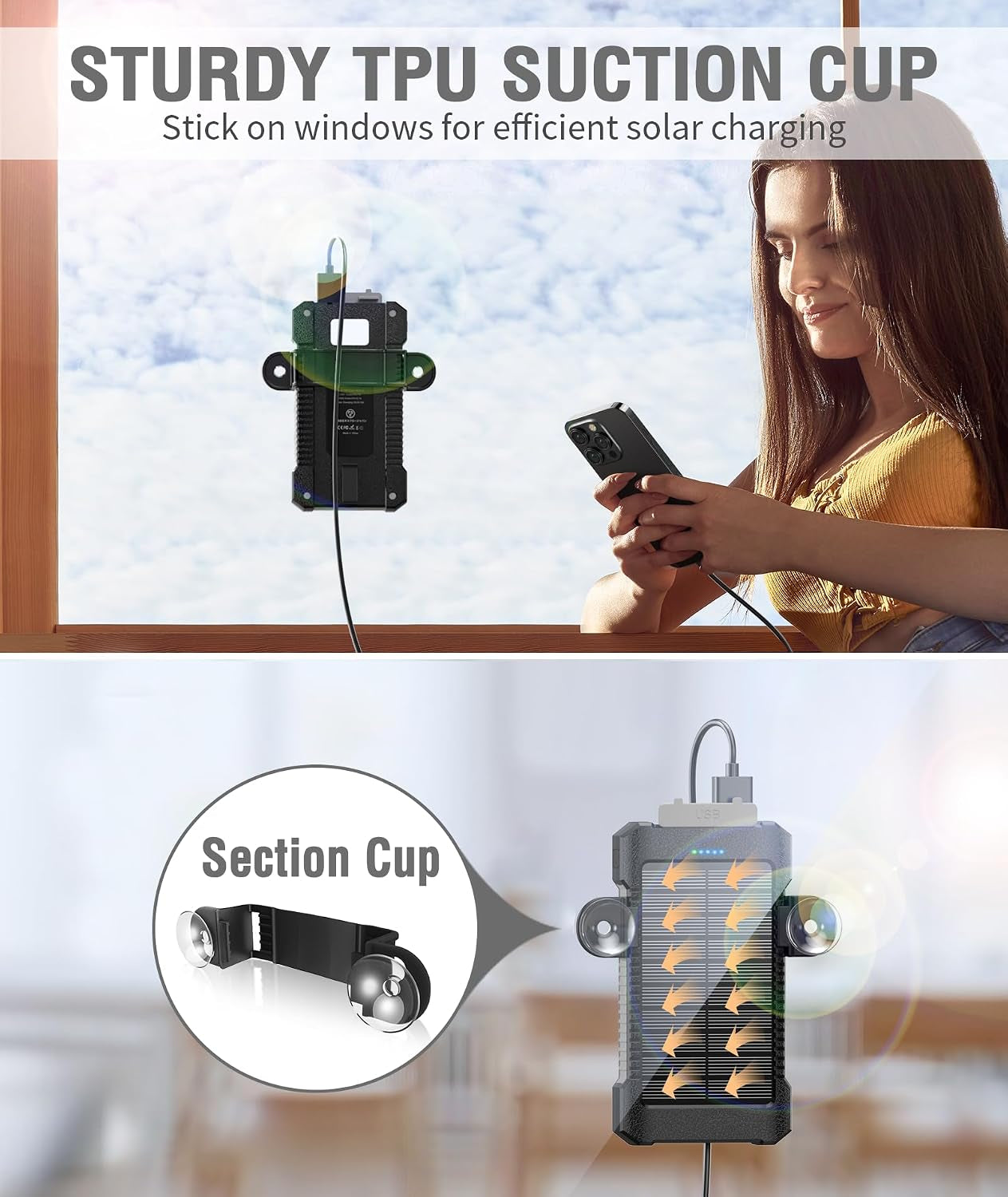 Solar Power Bank 26800Mah with Suction Cup Mount, Power Bank 3 USB Ports with Torch Continuous Light/Sos/Strobe Waterproof Outdoor External Battery for Phones (Black)