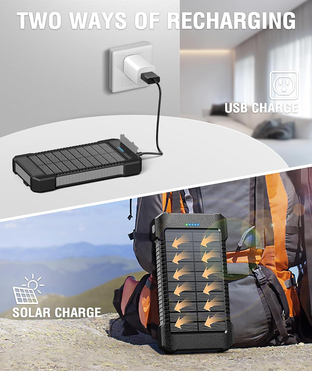 Solar Power Bank 26800Mah with Suction Cup Mount, Power Bank 3 USB Ports with Torch Continuous Light/Sos/Strobe Waterproof Outdoor External Battery for Phones (Black)