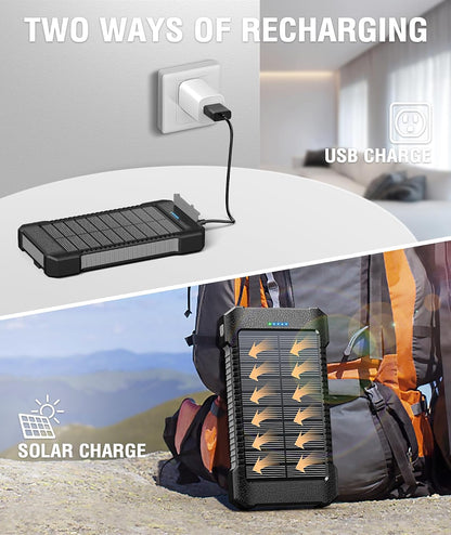 Solar Power Bank 26800Mah with Suction Cup Mount, Power Bank 3 USB Ports with Torch Continuous Light/Sos/Strobe Waterproof Outdoor External Battery for Phones (Black)