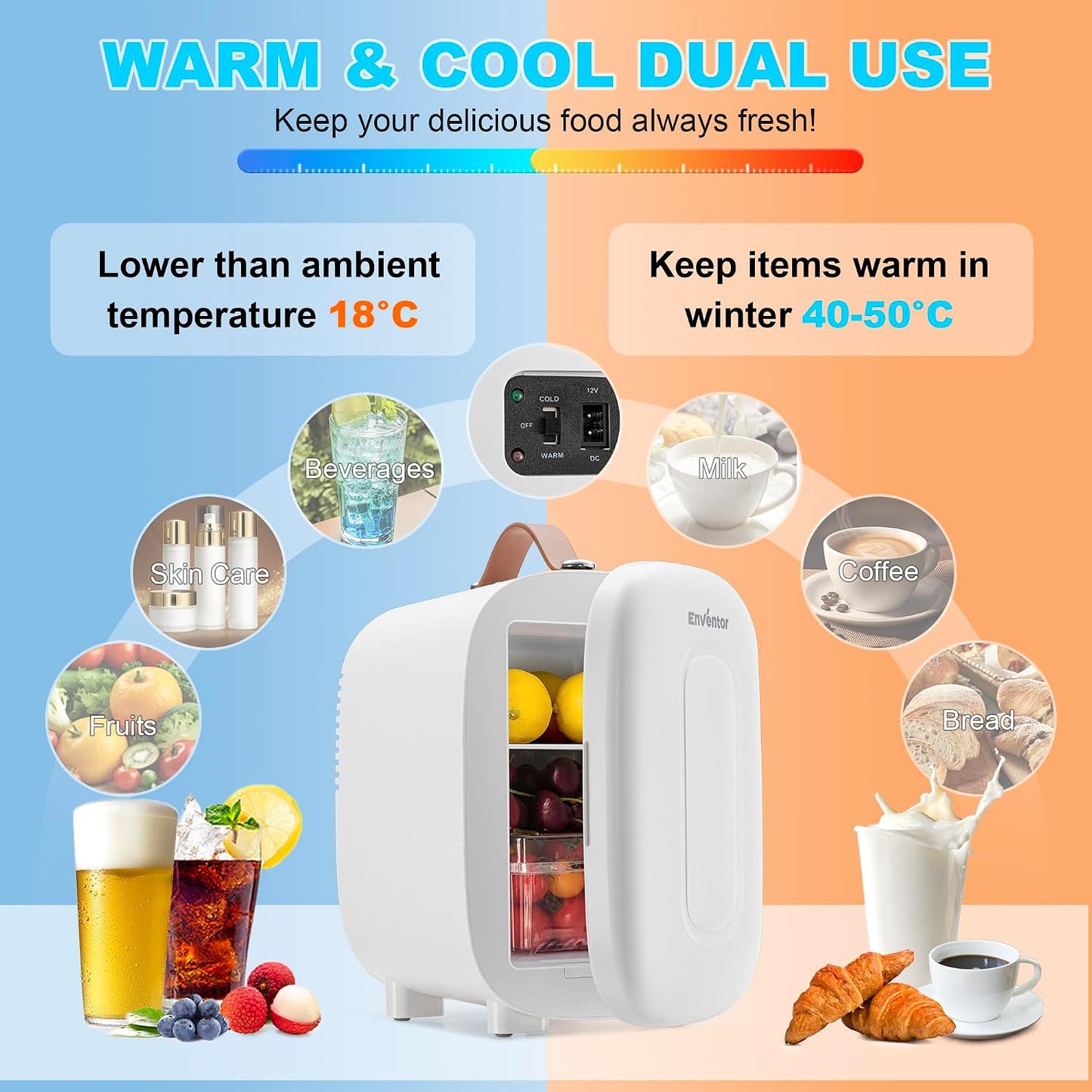 Mini Fridge 4 Litre/ 6 Can, AC+12V DC Power, Portable Cooler & Warmer, Small Fridge for Bedrooms, Car, Skincare, Fruit and Drinks, White